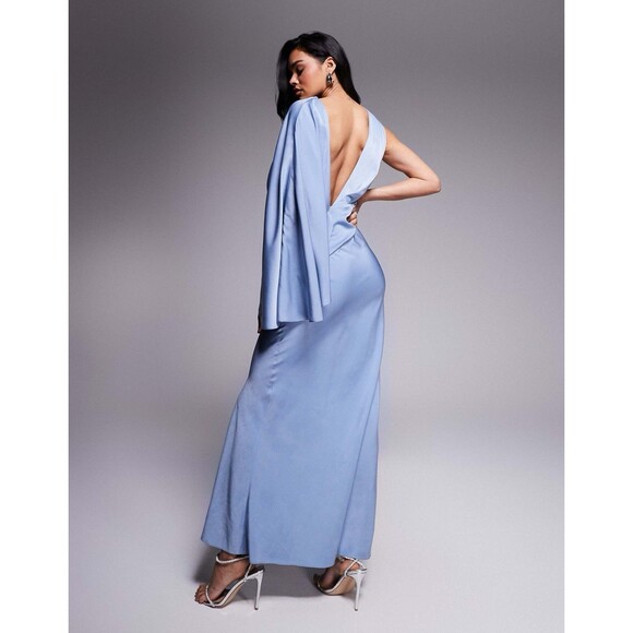 ASOS Satin Drape Maxi Dress Asymmetric Exaggerated Sleeve Dusky Blue Sz 8 - Picture 2 of 10
